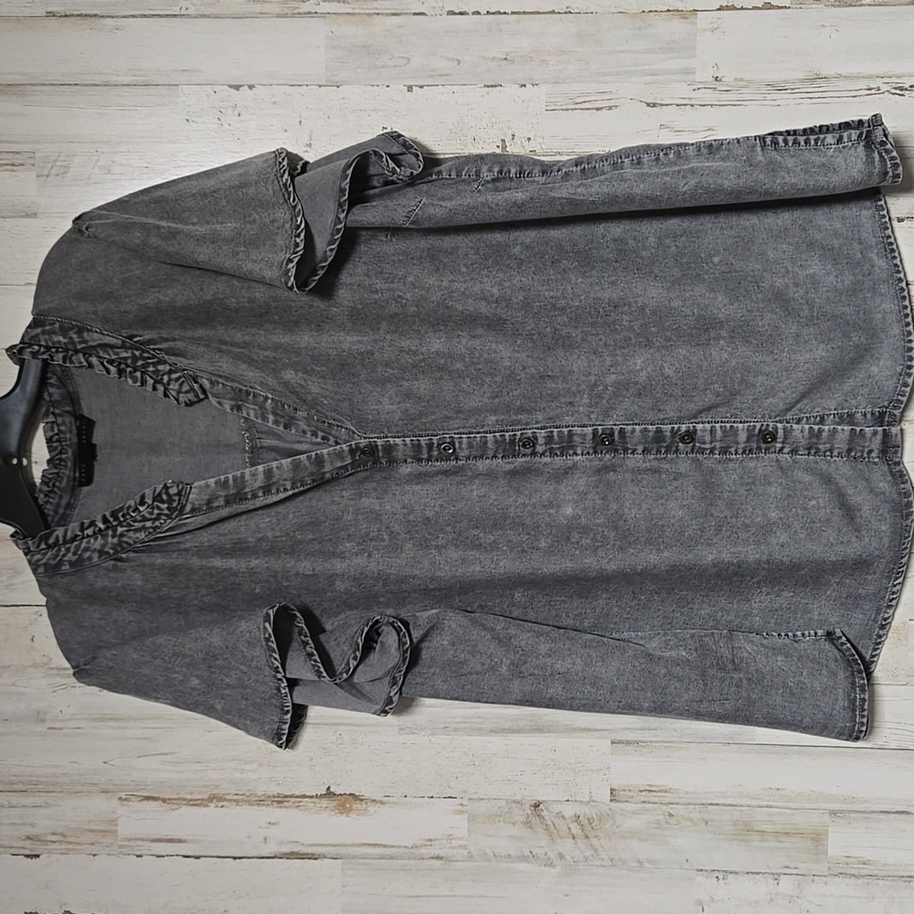 Jane and Delancey Ruffled Gray Button-Up Blouse
